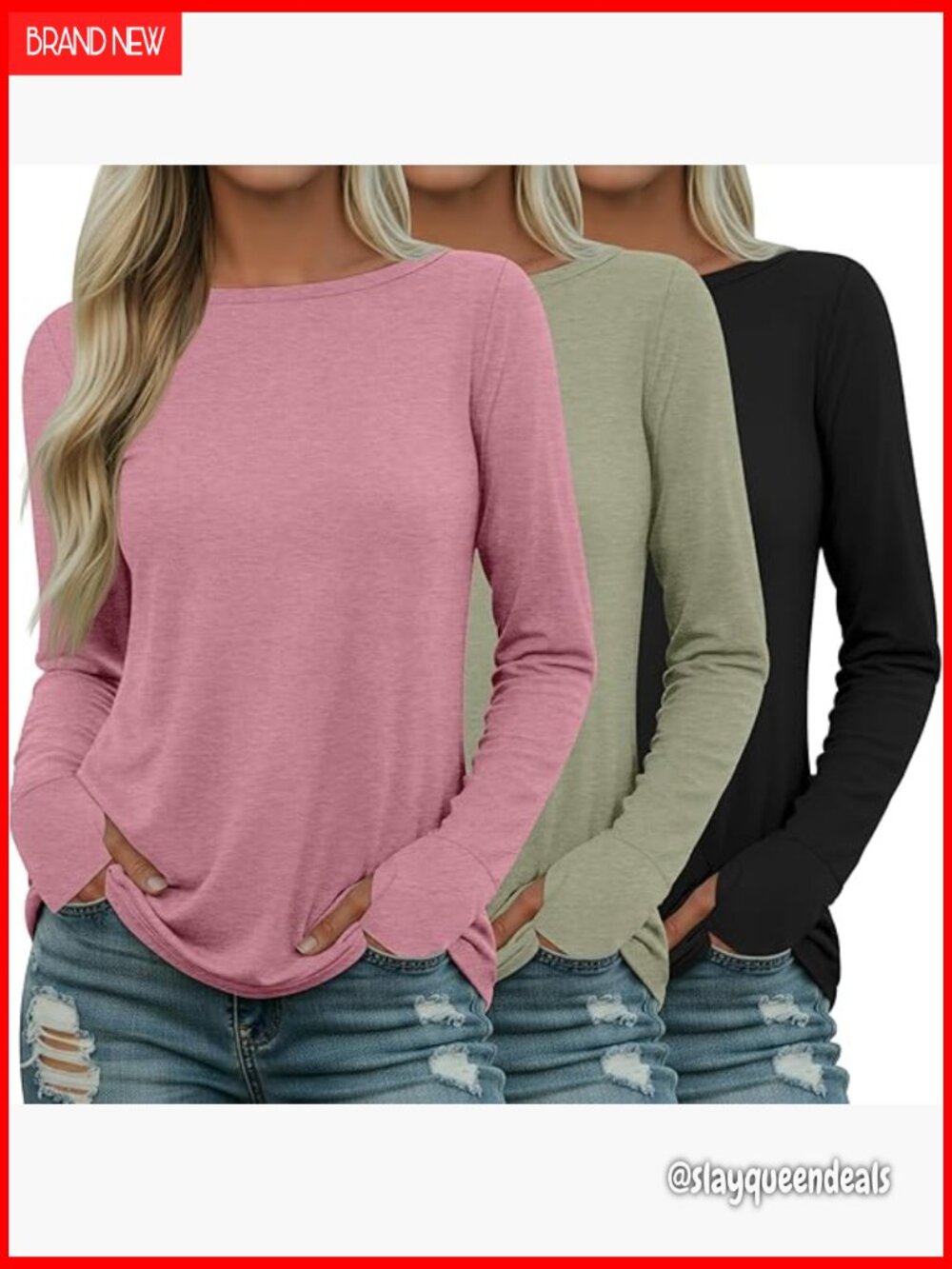 3 Pack Long Sleeve Cotton Tunic Tops with Thumb Holes, Boat Neck